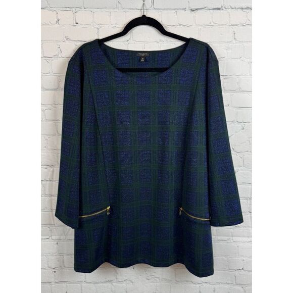 TALBOTS PLUS green blue check zip pocket kimono sleeve sweater pullover 3X NWOT - Picture 1 of 10